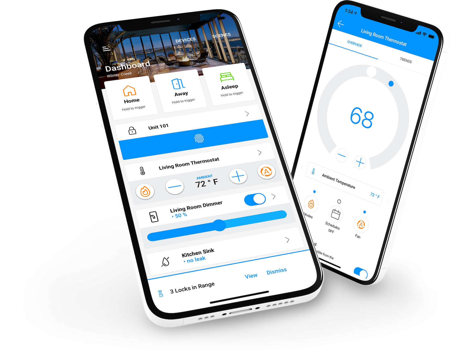 phone mockups showing smart apartment technology app