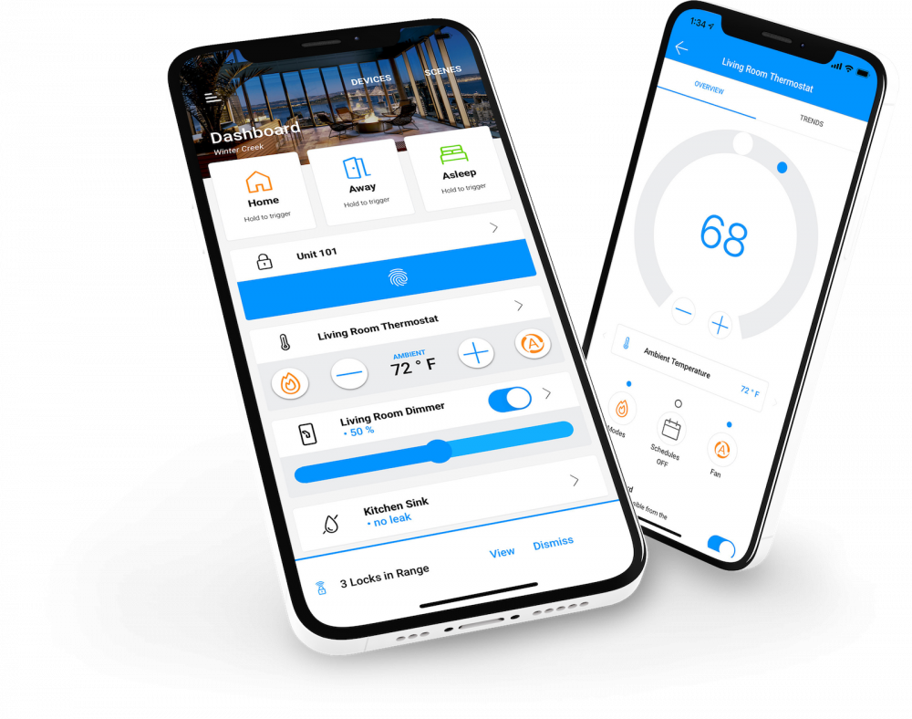 STRATIS smart home technology screenshots showing how you can control your locks, lights, outlets, and thermostat