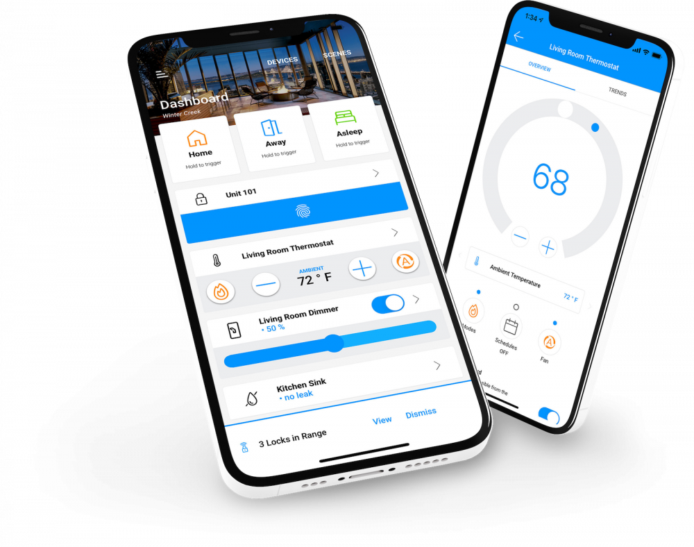 STRATIS smart home technology screenshots showing how you can control your locks, lights, outlets, and thermostat